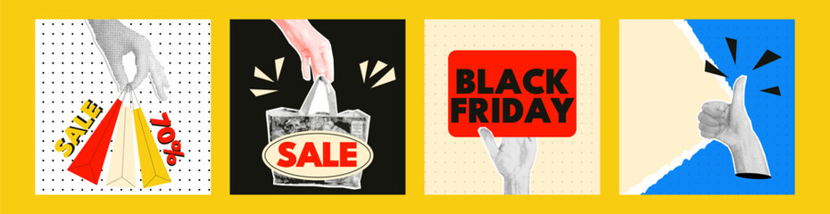 Fototapeta premium A set of card with collage hand halftone effect. Retro banner on the theme of online shopping, discount, sale, black friday and other. Vector illustration