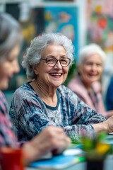 Joyful Connection in Retirement: Engaged Seniors Participating in Creative Activities at Community Center