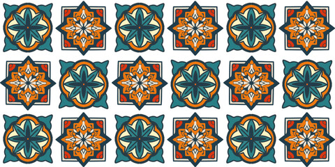 Seamlless pattern of a texture design in green - orange tones, geometric ornament in vitage style