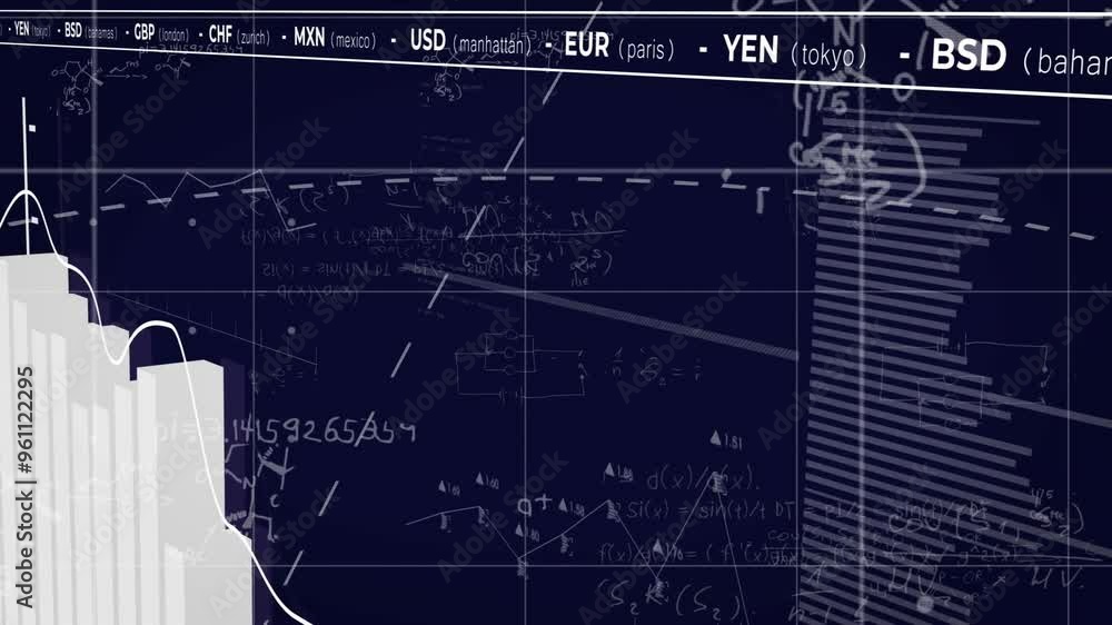 Poster financial data and currency exchange rates animation over technical blueprint and graphs