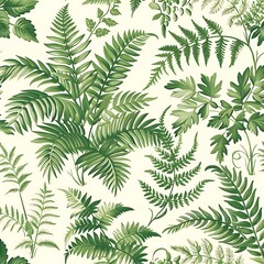 A botanical seamless pattern of lush, green ferns and vines, set against a light ivory background for a nature-inspired, organic look. 8k UHD, suitable for high-quality printing or digital display. 
