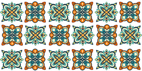 Seamlless pattern of a texture design in blue green - orange red tones, geometric ornament in eastern europe style