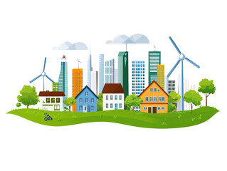 Eco friendly cityscape with modern buildings and green homes