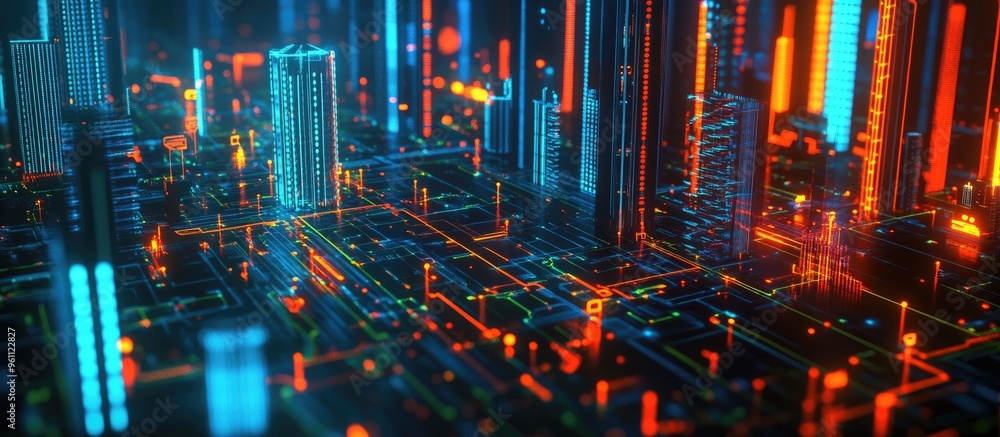 Poster smart city concepts and iot integration represented through an abstract visualization of wireless co