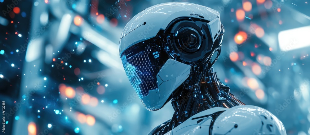 Poster Futuristic robot cyborg on a high energy tech background featuring explosive installations Concept of advanced robotics and artificial intelligence Clipping path included 3D render