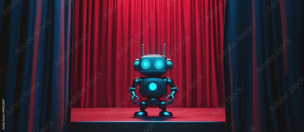 Aufkleber a 3d rendering of a robot positioned on a stage behind a red curtain
