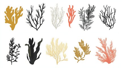 Minimalist Seaweed Silhouettes and Coral Icons: A Modern Underwater Botanical Set