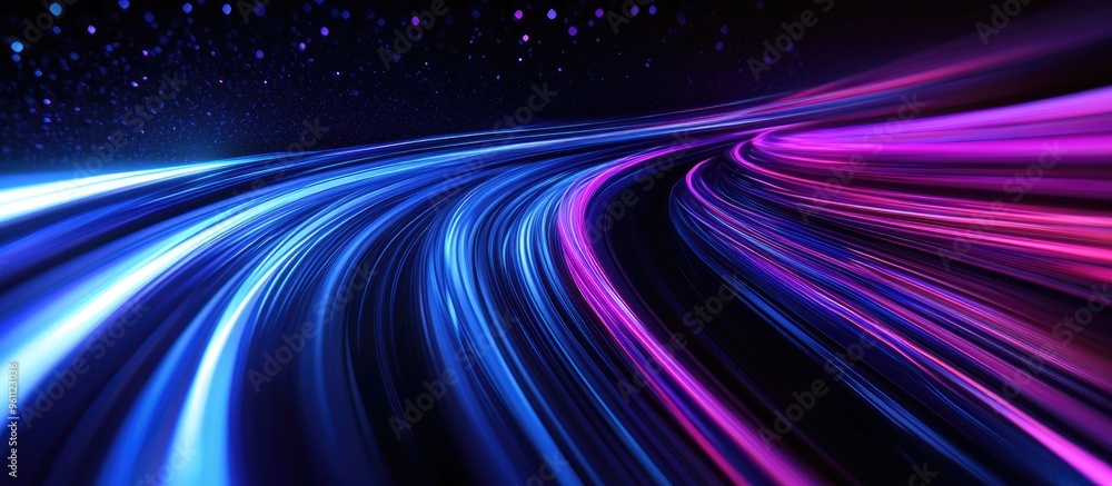Poster 3d render featuring blue and purple light streaks on a dark backdrop creating an abstract representa