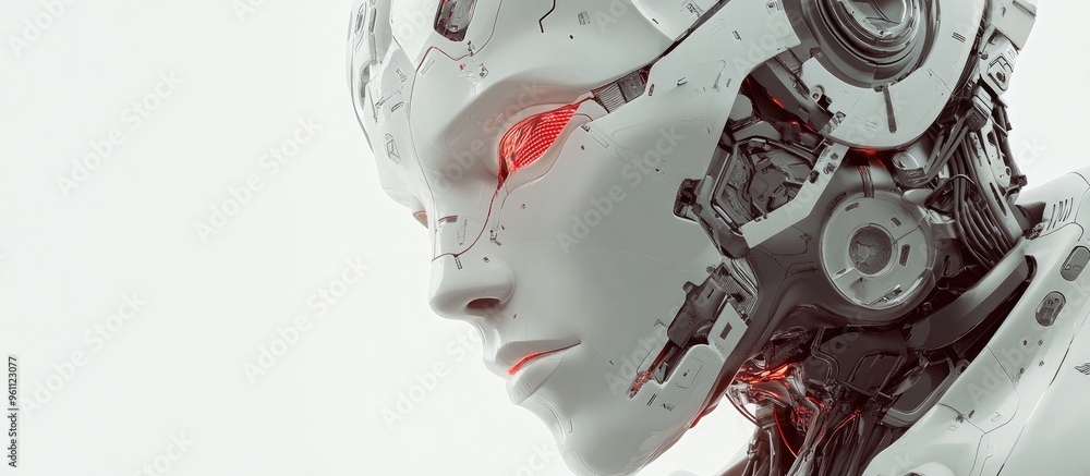 Poster futuristic robot head or intricate humanoid cyber face close up view on a white background 3d render
