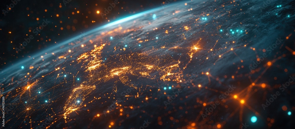 Poster global connectivity of communication technology observed from space highlighting the internet iot cy