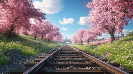 Train tracks in a rural setting Scenic industrial landscape featuring railroads Historic railway amidst lush spring surroundings in a countryside