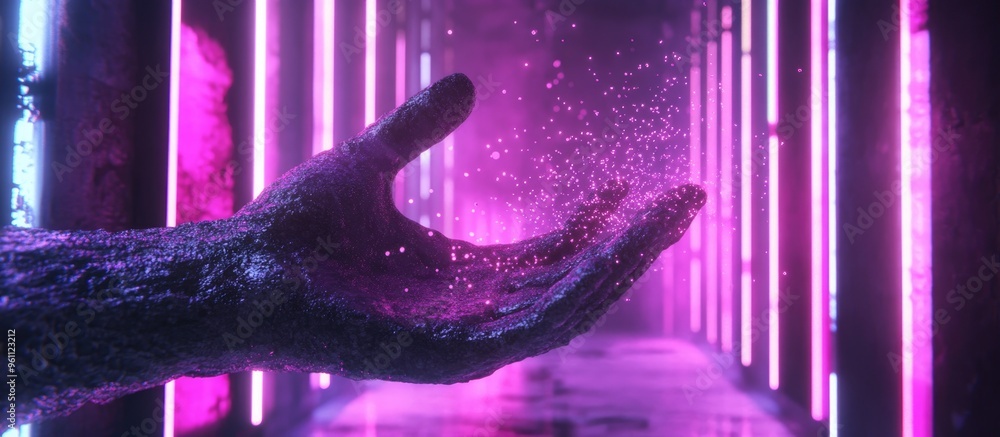 Poster a stone hand releasing streams of glowing particles in a futuristic room illuminated by neon lights 