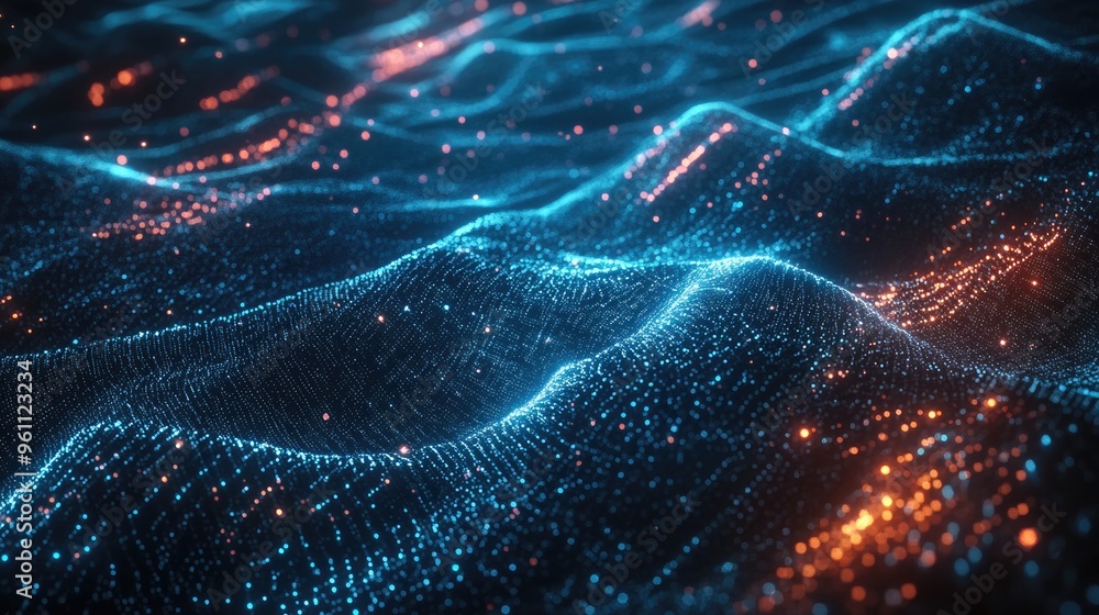 Poster dynamic flow of energy particles in cyberspace futuristic technology design 3d rendering showcasing 