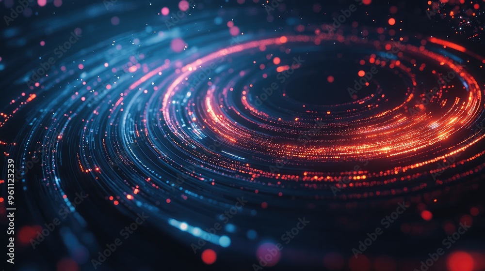 Poster spiral technology backdrop featuring circular lines and dot connections abstract composition of lumi
