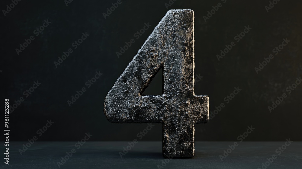 Poster glitchy black metal numeral four in a 3d illustration featuring a dark metallic rough texture with a
