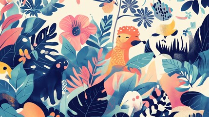 Abstract Illustration of Colorful Tropical Flora and Fauna