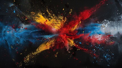 An abstract design created with splashes of red, blue, and yellow powder on a black background