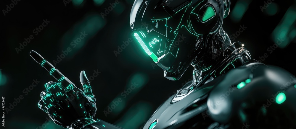 Poster black and green futuristic robot cyborg gesturing with a finger against a dark backdrop in 3d render