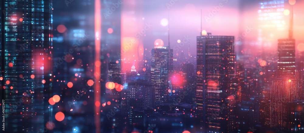 Poster abstract virtual wireless technology hologram set against a blurred cityscape concept of big data an