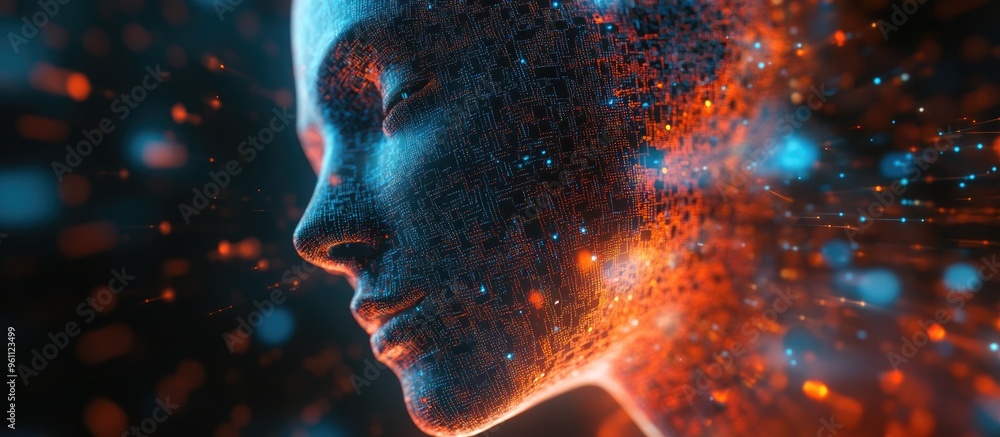 Poster abstract digital representation of a human face illustrating concepts of artificial intelligence big