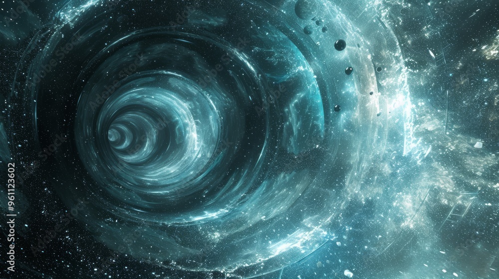 Poster a striking image of a teal-colored vortex in the vast expanse of space, surrounded by small planets 