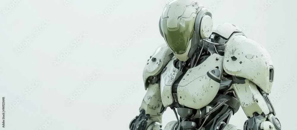 Poster futuristic mech soldier in a white setting military robot with green and gray metal featuring scratc