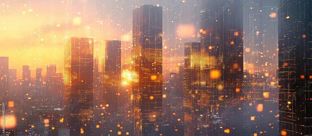 Aufkleber holographic data visualization with a city skyline and skyscrapers in the background showcasing the 