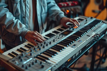Musician with a keyboard, composing music in a home studio