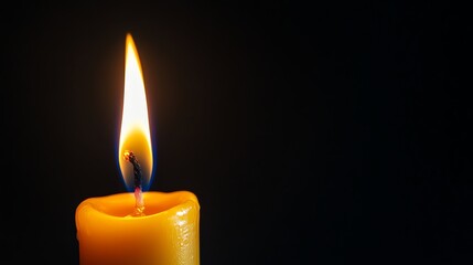 A single candle flame burning brightly in the dark.