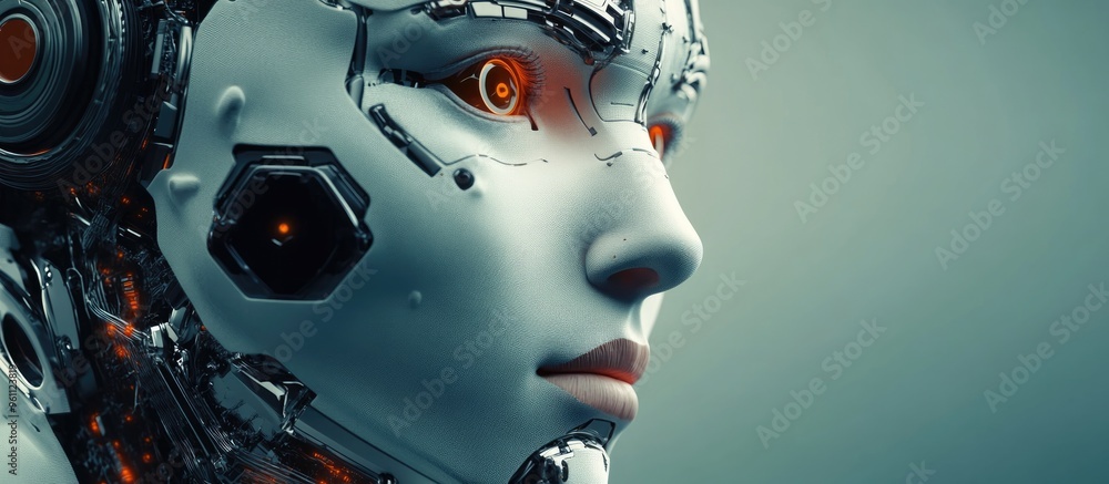 Poster 3d rendering of a robotic cyborg face illustrating the concept of artificial intelligence