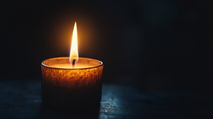 Fototapeta premium A single candle flame burns brightly in the darkness, casting a warm glow.