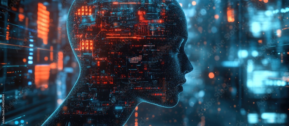 Poster artificial intelligence concept featuring a futuristic user interface with data and information high