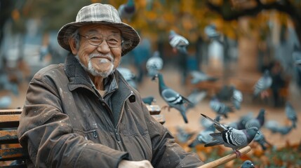 Elderly man with a walking stick, sitting on a park bench and feeding pigeons