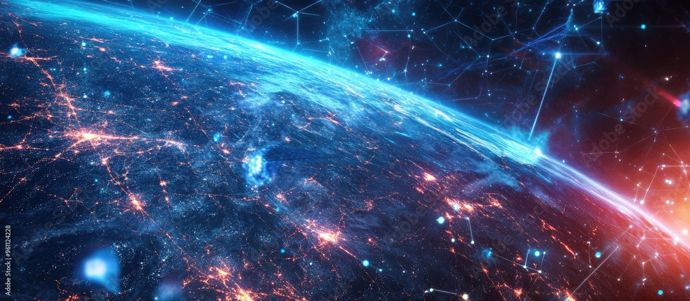 Poster global technology concepts featuring interconnected networks and data sharing virtual advancements i