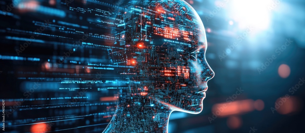 Poster conceptual backdrop of artificial intelligence human interaction and cyber business within programmi