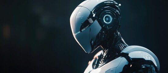 Fototapeta premium Futuristic android robot rendered in 3D against a dark backdrop