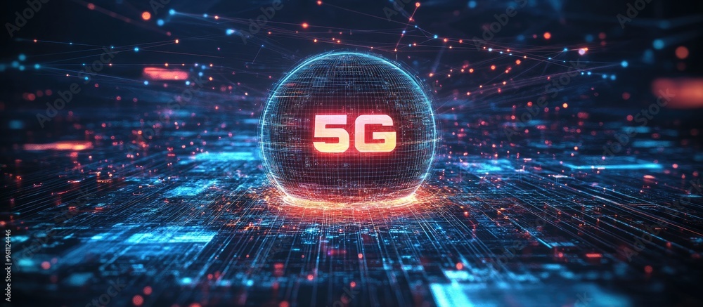 Poster 5g network concept featuring a holographic digital globe with interconnected 5g symbols illustrating