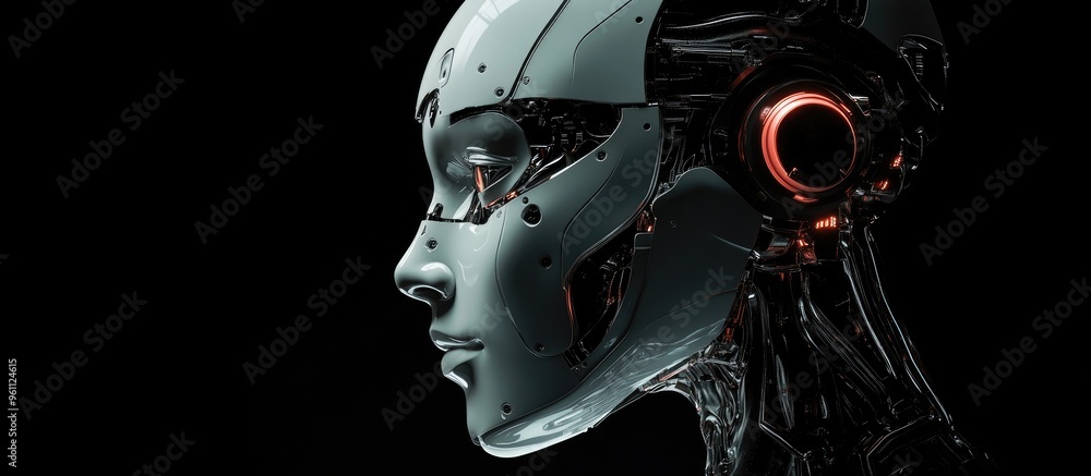 Poster close up portrait of a robot head or cyborg face featuring a conceptual design isolated against a bl