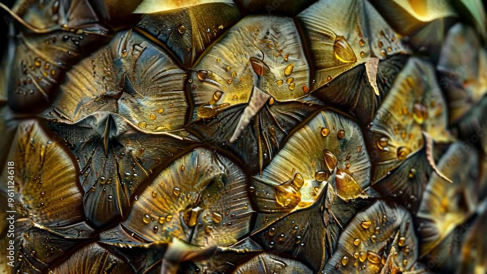 Poster exploring the intricate textures and colors of a close-up pineapple surface illuminated by droplets