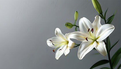 Elegant white lilies on a grey backdrop, embodying springtime beauty in a minimalist floral design, perfect for greeting cards or banners with space for personalized text.