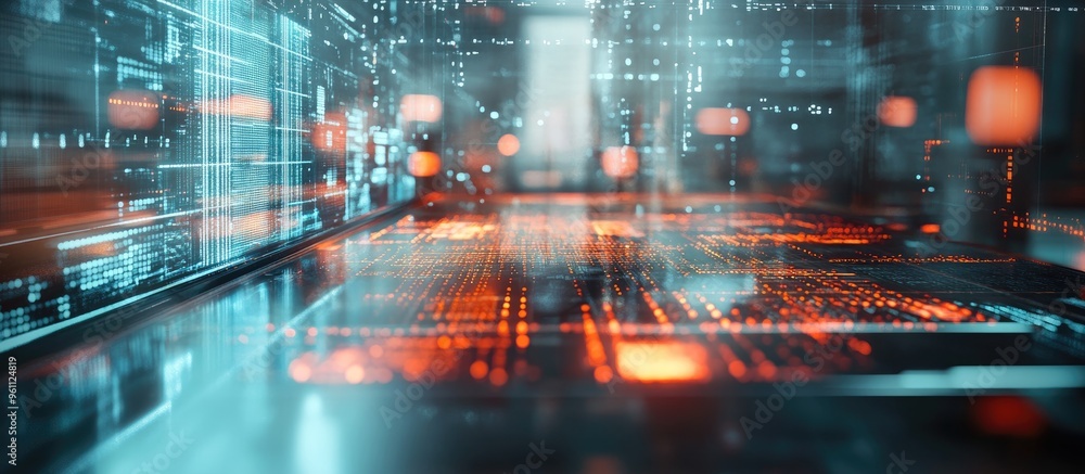Poster double exposure of a table featuring a computer overlaid with a data themed illustration symbolizing