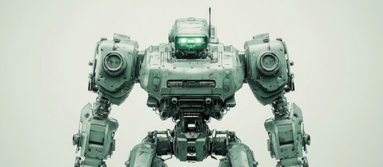Futuristic mech soldier on a neutral background Military style robot featuring green and gray metal controlled by a pilot Scratched armor depicts a battle ready appearance 3D rendering