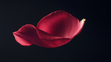 A single red rose petal floating against a black background.