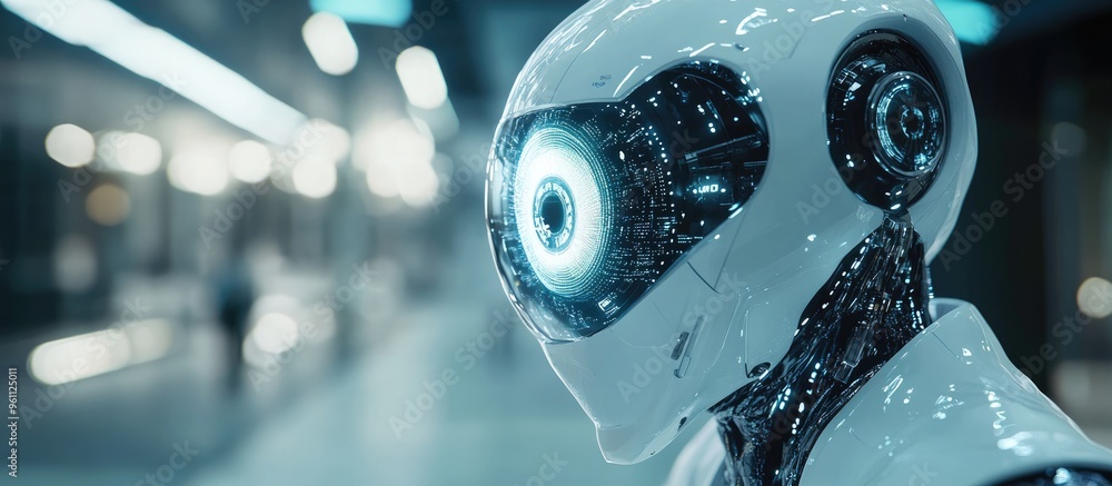 Poster cyborg figure with a white design in a blurred setting utilizing a digital eye surveillance hologram