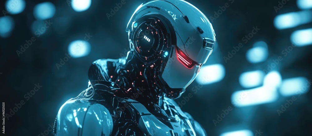 Poster cyborg mechanic in a futuristic setting digital rendering