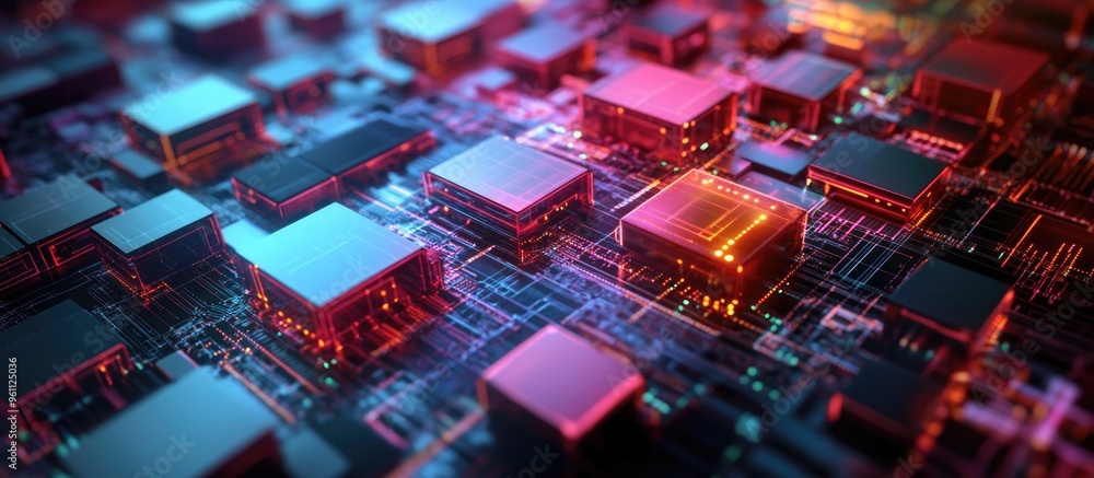 Poster cubes arranged in a structured layout against a backdrop of circuits featuring a digital representat
