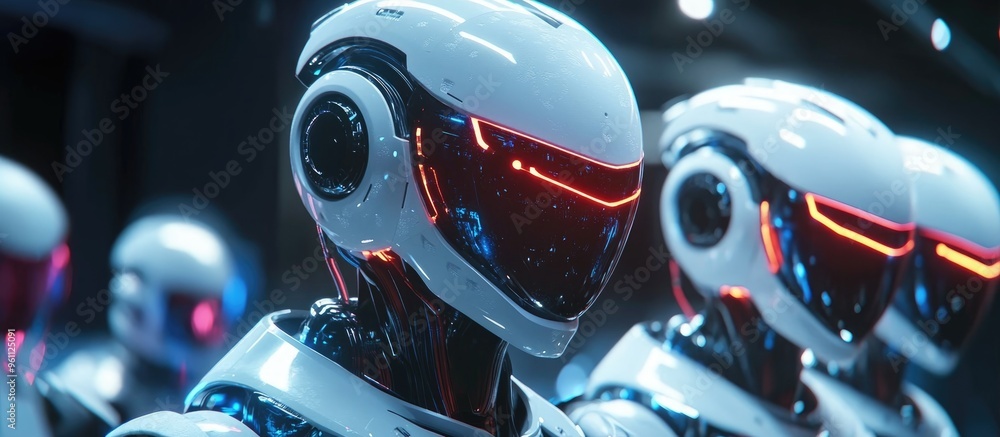 Poster 3d rendering of ai robots competing as personal assistants in a futuristic scenario
