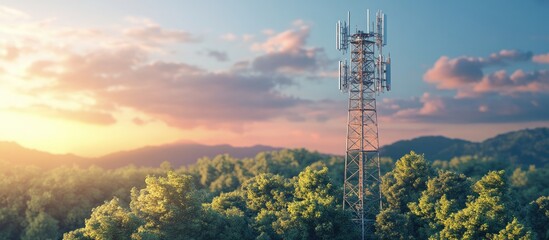 5G telecommunication tower with wireless antenna connection system integrated into a natural landscape
