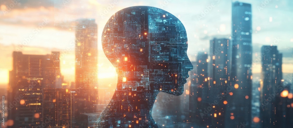Poster double exposure featuring a creative artificial intelligence hologram against a backdrop of contempo