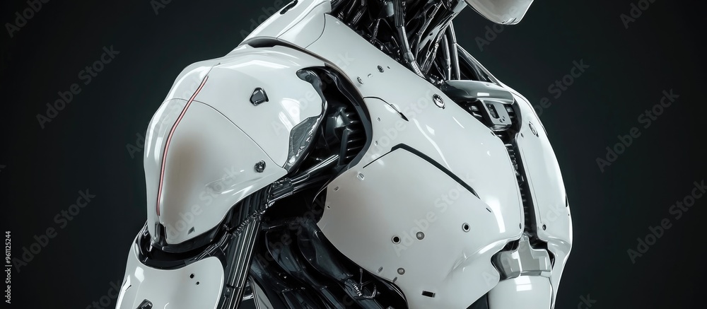 Poster 3d rendering of a detailed futuristic humanoid robot or cyborg showcasing a close up view of the upp